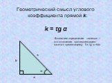 Геометрический смысл углового коэффициента прямой k: k = tg α. a b c. Вспомним определение тангенса – это отношение противолежащего катета к прилежащему. Т.е. tg α =b/a
