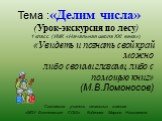 Тема :«Делим числа» (Урок-экскурсия по лесу) 1 класс (УМК «Начальная школа ХХI века») «Увидеть и познать свой край можно либо своими глазами, либо с помощью книг» (М.В.Ломоносов) Составила учитель начальных классов «МОУ Бехтеевская СОШ» Киданова Марина Николаевна