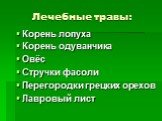 Лечебные травы: Корень лопуха Корень одуванчика Овёс Стручки фасоли Перегородки грецких орехов Лавровый лист