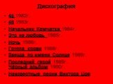 45 1982г. 46 1983г. Начальник Камчатки 1984г. Это не любовь 1985г. Ночь 1986г. Группа крови 1988г. Звезда по имени Солнце 1989г. Последний герой 1989г. Чёрный альбом 1990г. Неизвестные песни Виктора Цоя