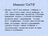 Мюзикл “CATS”. Мюзикл “CATS” был написан Уэббером в 1981 году и почти сразу после премьеры он стал самым известным мюзиклом. Сочетание прекрасной музыки с отличной постановкой, актёрской игрой, хореографией, которой могут позавидовать лучшие танц–коллективы мира, костюмами, светом и декорациями сдел