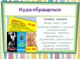 15-84. Телефон доверия. Звони, если у тебя проблема связана с: сложной психологической ситуацией, насилием, эксплуатацией, с родителями, одиночеством, проблемами с любовью, друзьями, учителями, вредными привычками.