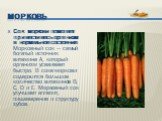 Сок моркови помогает привести весь организм в нормальное состояние. Морковный сок — самый богатый источник витамина А, который организм усваивает быстро. В соке моркови содержится большое количество витаминов В, С, D и Е. Морковный сок улучшает аппетит, пищеварение и структуру зубов.