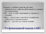 Рефлексивный подход в МО. Каждое учебное занятие должно завершаться рефлексией каждого ученика по критериям: «Я» - как я себя чувствовал в процессе учения. «Мы» - насколько мне было комфортно работать в малой группе. «Дело» - достиг ли я цели учения.