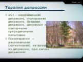 ЭСТ – некурабельная депрессия, ступорозная депрессия, бредовая депрессия, депрессия с повторными суицидальными попытками Психотерапия – рациональная (когнитивная) на выходе из депрессии, при легких депрессиях