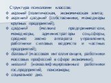 Структура психологии классов: верхний (политическая, экономическая элита; верхний средний (собственники, менеджеры крупных предприятий); средний (мелкие предприниматели, менеджеры, администраторы соц.сферы, среднее звено аппарата управления, работники силовых ведомств и частных предприятий); базовый