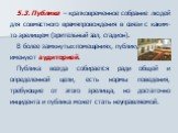 5.3. Публика – кратковременное собрание людей для совместного времяпровождения в связи с каким-то зрелищем (зрительный зал, стадион). В более замкнутых помещениях, публику часто именуют аудиторией. Публика всегда собирается ради общей и определенной цели, есть нормы поведения, требующие от этого зре