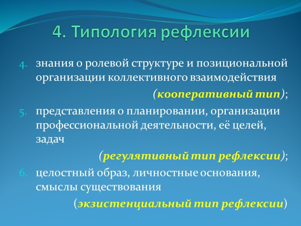 Типы представлений. Типология 4. Рефлексивное познание. Виды рефлексивных ответов в профессиональной деятельности. Рефлексивный холистический подход это.