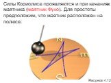 Силы Кориолиса проявляются и при качаниях маятника (маятник Фуко). Для простоты предположим, что маятник расположен на полюсе: Рисунок 4.12