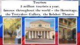 Tourism 3 million tourists a year; famous throughout the world – the Hermitage, the Tretyakov Gallery, the Bolshoi Theatre