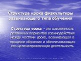 Структура урока физкультуры развивающего типа обучения. Структура урока - это совокупность различных вариантов взаимодействия между частями урока, возникающая в процессе обучения и обеспечивающая его целенаправленную деятельность