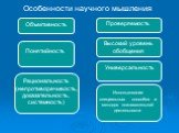 Особенности научного мышления. Объективность Понятийность. Рациональность (непротиворечивость, доказательность, системность). Проверяемость. Высокий уровень обобщения. Универсальность. Использование специальных способов и методов познавательной деятельности