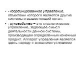 - координированное управление, объектами которого являются другие системы и вышестоящий орган; - руководство – это стратегическое управление, задающее смысл деятельности данной системы, производящей определённый конечный продукт. Аппарат управления является здесь наряду с внешними условиями