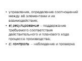 управления, определение соотношений между её элементами и их взаимодействия; в) регулирование – поддержание требуемого соответствия действительного и планового хода процесса производства; г) контроль – наблюдение и проверка