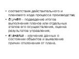 соответствия действительного и планового хода процесса производства; д) учёт – подведение итогов выполнения планов или отдельных этапов его осуществления, оценка результатов управления; е) анализ – изучение данных о состоянии объектов и выявление причин отклонения от плана.