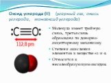 Оксид углерода (II) (угарный газ, окись углерода, монооксид углерода). Молекула имеет тройную связь, третья связь образована по донорно-акцепторному механизму. Степени окисления элементов в веществе +2 и -2. Относится к несолеобразующим оксидам.