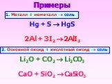 Примеры. 1. Металл + неметалл  соль. Hg + S  HgS 2Al + 3I2  2AlI3. 2. Основной оксид + кислотный оксид  соль. Li2O + CO2  Li2CO3 CaO + SiO2  CaSiO3