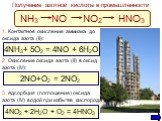 Получение азотной кислоты в промышленности. NH3 NO NO2 HNO3 4NH3+ 5O2 = 4NO + 6H2O 2NO+O2 = 2NO2 4NO2 + 2H2O + O2 = 4HNO3. 1. Контактное окисление аммиака до оксида азота (II): 2. Окисление оксида азота (II) в оксид азота (IV): 3. Адсорбция (поглощение) оксида азота (IV) водой при избытке кислорода