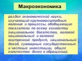 раздел экономической науки, изучающий крупномасштабные явления и процессы, обобщающие показатели по всему хозяйству (национальное богатство, валовой национальный и валовой внутренний продукт, национальный доход, суммарные государственные и частные инвестиции, общее количество денег в обращении). Мак