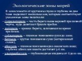 В зависимости от крутизны спуска и глубины на дне тоже выделяют несколько зон, которым соответствуют указанные зоны пелагиали: - супралитораль – часть берега выше верхней приливной черты, куда долетают брызги прибоя. - литораль – кромка берега, заливаемая во время приливов. - сублитораль – плавное п