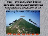 Гора – это выпуклая форма рельефа, возвышающаяся над окружающей местностью на высоту более 1000 метров. Вершина Подошва Склон