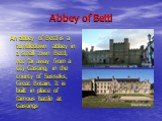 Abbey of Bettl. An abbey of Bettl is a tumbledown abbey in a small town Bettl, not far away from a city Gasting, in the county of Susseks, Great Britain. It is built in place of famous battle at Gastings