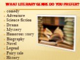 What Literary genre do you prefer? comedy Adventure Science fiction Drama Mystery Humorous story Biography Novel Legend Fairy tale History