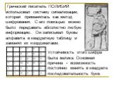 Греческий писатель ПОЛИБИЙ использовал систему сигнализации, которая применялась как метод шифрования. С его помощью можно было передавать абсолютно любую информацию. Он записывал буквы алфавита в квадратную таблицу и заменял их координатами. Устойчивость этого шифра была велика. Основная причина - 