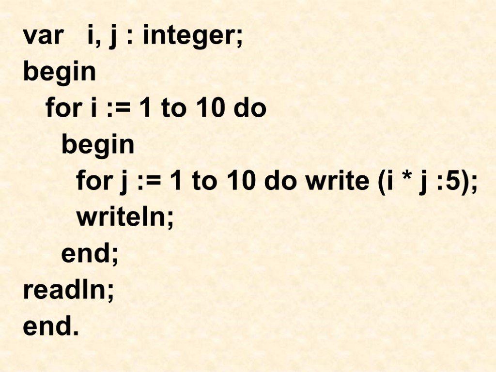 For int j 1 j. Var i integer. Var i,j,integer,begin. For i : = 1 to 10 writeln. Var i: 1 to 10.