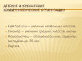 Детские и юношеские коммунистические организации. Октябрёнок — ученики начальных классов Пионер — ученики средних классов школы Комсомолец — старшеклассники, студенты, молодёжь до 35 лет. Партия