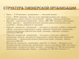 Структура пионерской организации. Звено — 5-10 пионеров, руководитель — звеньевой пионер. Отряд — 30-40 пионеров, обычно класс общеобразовательной школы, председатель совета отряда и его флаговой — пионер, избранный отрядом. Дружина — пионерская организация школы, 300—400 пионеров, председатель сове