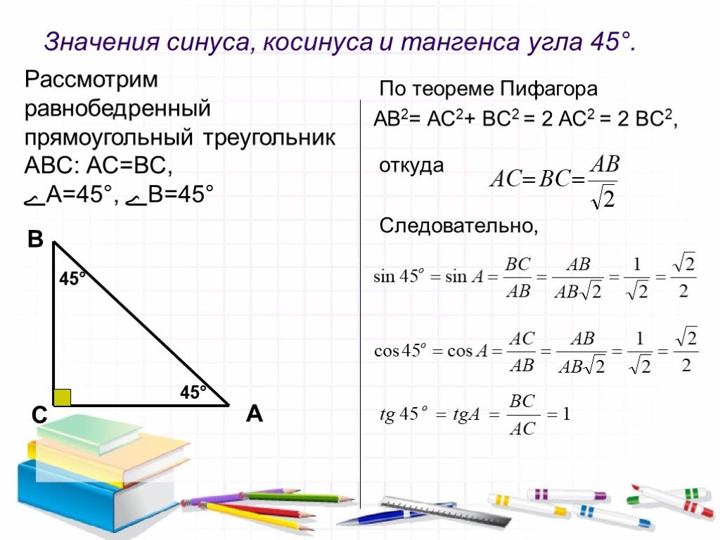 Синус косинус тангенс формулы 8 класс. Угол 45 градусов в прямоугольном треугольнике. Свойства прямоугольного треугольника с углом 45 градусов. Теорема о 45 градусах в прямоугольном треугольнике. Синус угла 45 градусов по теореме Пифагора.