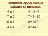 Запишите сумму чисел и найдите ее значение. 4 и 5 7 и 3 6 и 1 4 и 4 4 +5=9 7+3=10 6+1=7 4+4=8