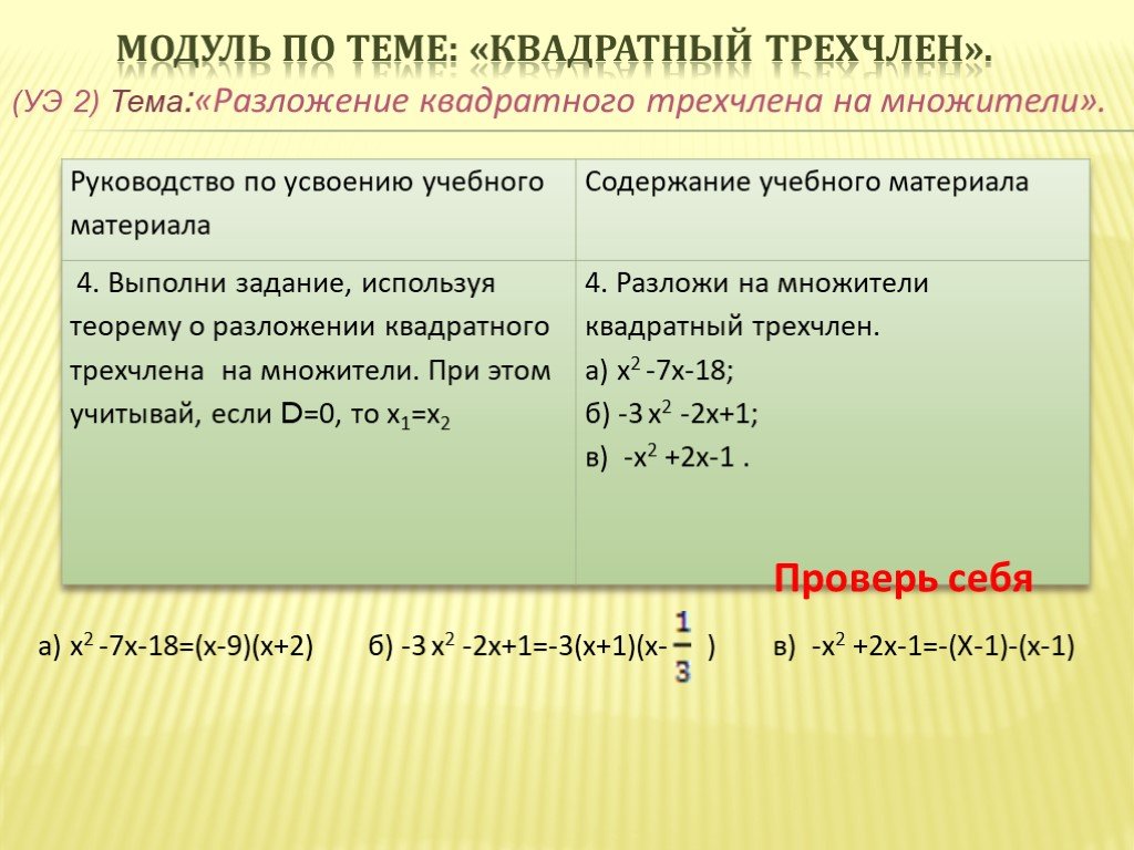 Квадратный трехчлен 8. Квадратный трехчлен 9 RK. Тема квадратный трехчлен. Тема разложения квадратного трехчлена на множители. Разложение квадратного трехчлена на множители 9.