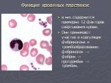 Функция кровяных пластинок. в них содержится примерно 12 факторов свёртывания крови. Они принимают участие в коагуляции фибриногена и тромбообразовании: фибриноген → фибрин → протромбин → тромбин.