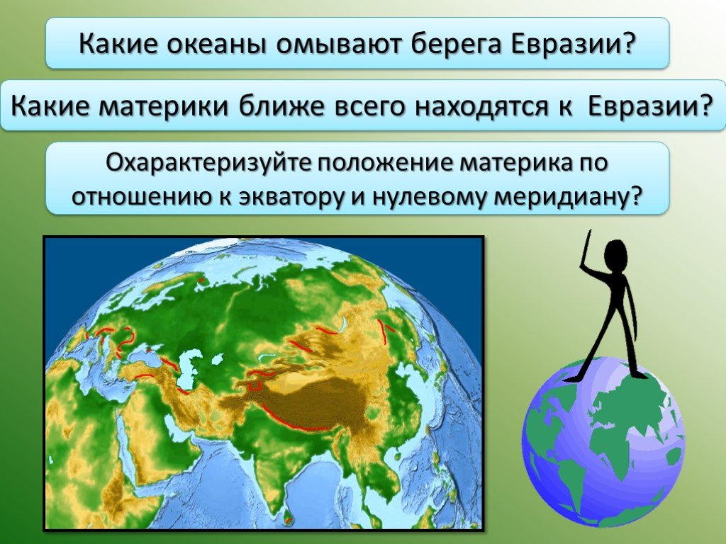 Отношение материка к экватору евразия. Какие океаны омывают берега Евразии. Евразия по отношению к экватору. Положение по отношению к нулевому меридиану. Географическое положение Евразии положение по отношению к экватору.