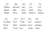 [e] [æ] [a:] [ɔ] [ʌ] Blame Animal Last Fox Fun Black Ally Arm Rock Must Blade Antic Army Bottom Culture [u] [u:] [ju:] [ə:] [ə] Cookies True View Turn pepper Book Blue Student Burn perhaps Bull Food Use Learn obey