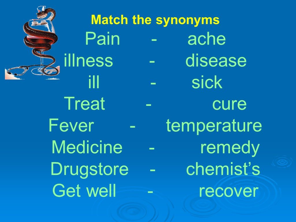 2 synonyms match. Синонимы Pain. Match the synonyms disease. Treat Cure. Diseases Sickness illness.