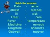 Match the synonyms Pain - ache illness - disease ill - sick Treat - cure Fever - temperature Medicine - remedy Drugstore - chemist’s Get well - recover