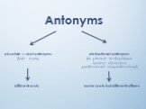 absolute or root antonyms (late - early). derivational antonyms (to please - to displease, honest - dishonest, professional - nonprofessional). different roots same roots but different affixes