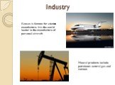 Industry. Kansas is famous for aviation manufacture. It is the world leader in the manufacture of personal aircraft. Mineral products include petroleum, natural gas and cement.