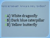 Кого встречает Алиса в лесу грибов? А) White dragonfly Б) Dark blue caterpillar В) Yellow butterfly