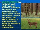 Losiny Ostrov is a national park north-east of Moscow. 48 kinds of animals are protected there: deer, foxes, otters and others. There are about 200 kinds of birds. It was founded in 1983 for people to enjoy the countryside.