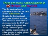There are many national parks in Britain and the USA. The fist national park appeared in the USA in 1872. It was Yellowstone. In Britain the first national park was founded in 1949. Now there are more than a dozen parks in the USA and ten parks in England and Wales. National parks protect the countr