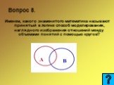 Вопрос 8. Именем, какого знаменитого математика называют принятый в логике способ моделирования, наглядного изображения отношений между объемами понятий с помощью кругов?