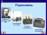 Радиосвязь. Изобретатель радио А.С. Попов, 1895 г. Ламповый радиоприемник. Транзисторный радиоприемник. Радиоприемник А.С. Попова