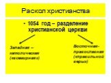 Раскол христианства. 1054 год – разделение христианской церкви. Западная – католическая («всемирная»). Восточная- православная («правильной веры»)