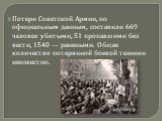 Потери Советской Армии, по официальным данным, составили 669 человек убитыми, 51 пропавшими без вести, 1540 — ранеными. Общее количество потерянной боевой техники неизвестно.