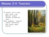 Могила Л.Н. Толстого. От развилки одна из дорог ведет налево в лес. Крестьяне издавна называли её запретным лесом. Место погребения, связанное с братом Николенькой, было указано самим Толстым.