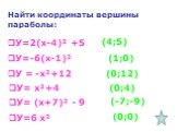 Найти координаты вершины параболы: У=2(х-4)² +5 У=-6(х-1)² У = -х²+12 У= х²+4 У= (х+7)² - 9 У=6 х² (4;5) (1;0) (0;12) (0;4) (-7;-9) (0;0)